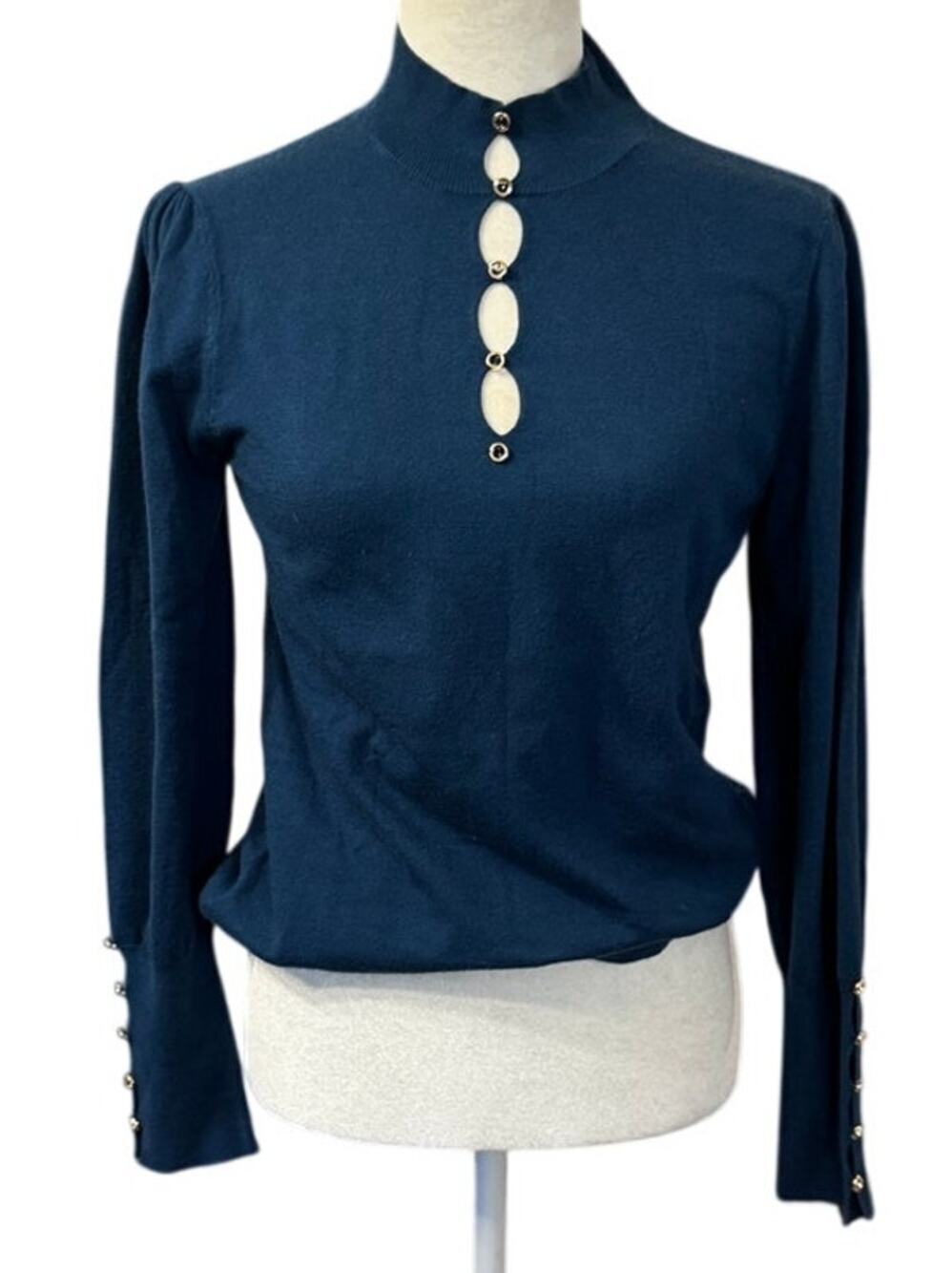Molly Bracken Mock Neck Keyhole Button Detail Knit Sweater Blue Size Small - Picture 1 of 6